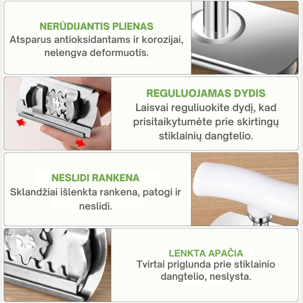 Reguliuojamas nerūdijančio plieno stiklainių atidarytuvas